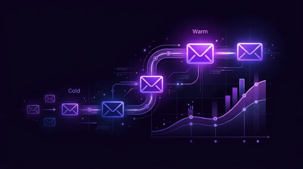 Email marketing sequence visualization showing the Cold to Committed three-phase framework for B2B service business client retention and revenue growth
