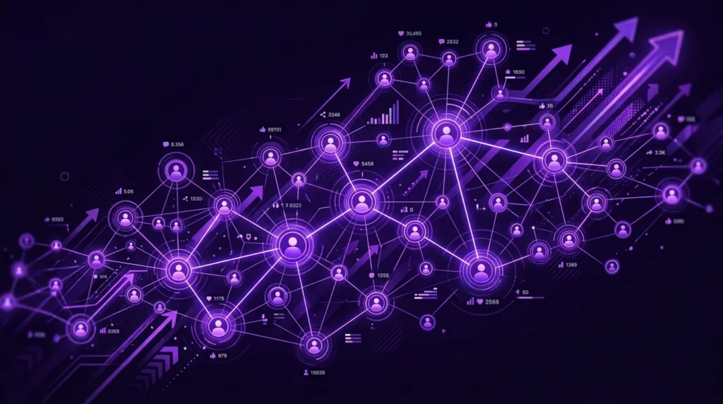 Social media marketing network graph showing B2B decision-maker connections and engagement metrics for service businesses
